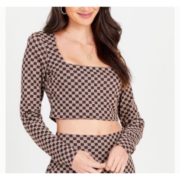 Altar’d State Checkered Square Neck Cropped Long Sleeve Womens Blouse - Picture 1 of 5